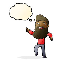 cartoon man with beard laughing and pointing with thought bubble