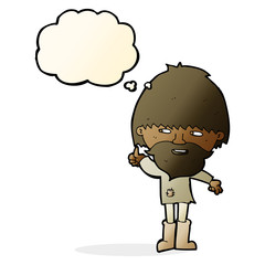 cartoon hippie man in wellington boots with thought bubble