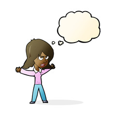 cartoon woman gesturing with thought bubble