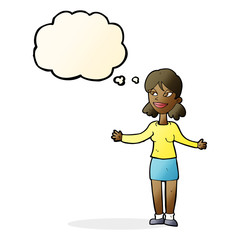 cartoon happy woman shrugging shoulders with thought bubble