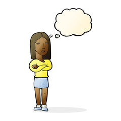 cartoon woman with folded arms with thought bubble