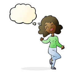 cartoon happy woman dancing with thought bubble