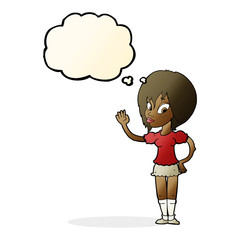 cartoon pretty woman waving with thought bubble