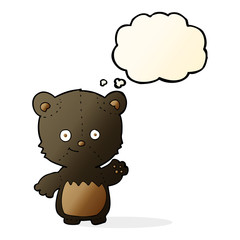 cartoon black bearcub waving with thought bubble