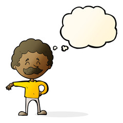 cartoon man making camp gesture with thought bubble