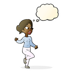 cartoon friendly woman waving with thought bubble
