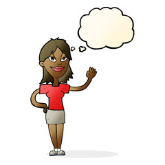 cartoon woman waving with thought bubble