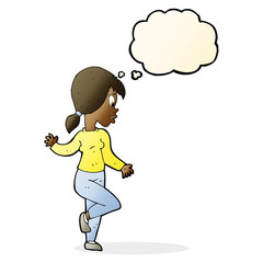 cartoon woman waving with thought bubble