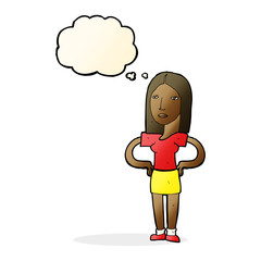 cartoon woman with hands on hips with thought bubble