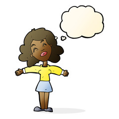 cartoon woman with open arms with thought bubble
