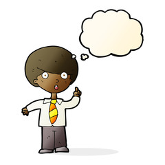 cartoon school boy answering question with thought bubble
