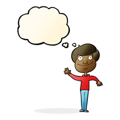 cartoon happy man waving with thought bubble