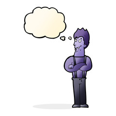 cartoon happy vampire with thought bubble