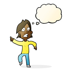 cartoon worried man pointing with thought bubble