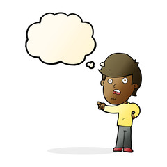 cartoon shocked man pointing with thought bubble