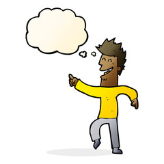 cartoon man pointing and laughing with thought bubble