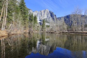 Upper Yosemite Fall with big icy drops and great reflection