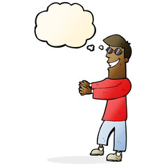cartoon grinning man wearing glasses with thought bubble
