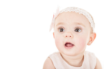 Close up of little girl being amazed, photo shot against white background