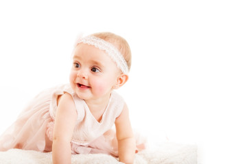 Pretty little girl waiting for mom, photo shot against white background