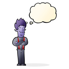 cartoon happy vampire man with thought bubble