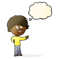 cartoon boy laughing and pointing with thought bubble