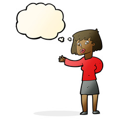 cartoon woman explaining with thought bubble
