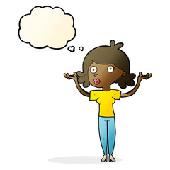 cartoon woman throwing arms in air with thought bubble