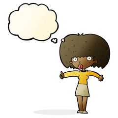 cartoon woman giving thumbs up symbol with thought bubble