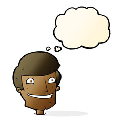 cartoon grinning man with thought bubble