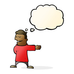 cartoon man gesturing direction with thought bubble