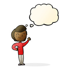 cartoon friendly waving woman with thought bubble
