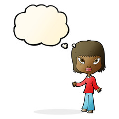 cartoon woman with open arms with thought bubble