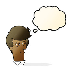 cartoon man with narrowed eyes with thought bubble