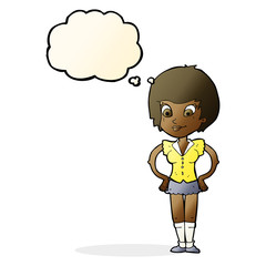 cartoon pretty woman with hands on hips with thought bubble
