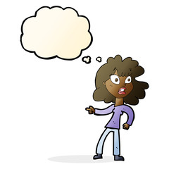 cartoon worried woman pointing with thought bubble