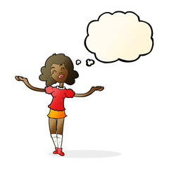 cartoon woman taking praise with thought bubble