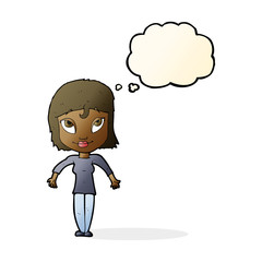 cartoon girl shrugging shoulders with thought bubble