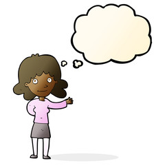 cartoon friendly woman with thought bubble