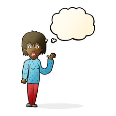 cartoon shocked woman waving hand with thought bubble