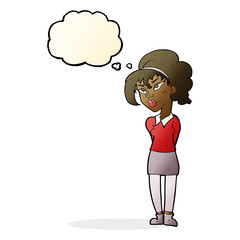 cartoon pretty girl tilting head with thought bubble