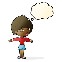 cartoon woman with open arms with thought bubble