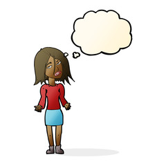 cartoon woman shrugging shoulders with thought bubble