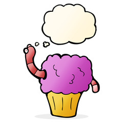 cartoon worm in cupcake with thought bubble