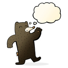 cartoon waving black bear with thought bubble