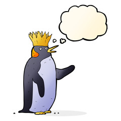 cartoon emperor penguin waving with thought bubble