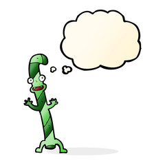 cartoon dancing christmas candy cane with thought bubble