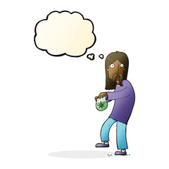 cartoon hippie man with bag of weed with thought bubble