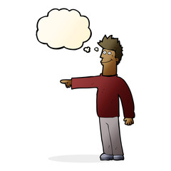 cartoon happy pointing man with thought bubble
