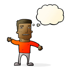 cartoon waving stressed man with thought bubble